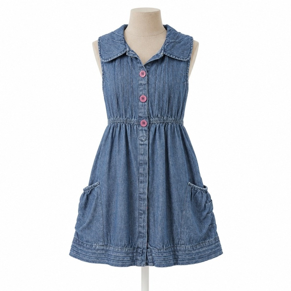 Vintage Y2K Denim Button Mini Dress Size S Blue Sleeveless Western Cottagecore